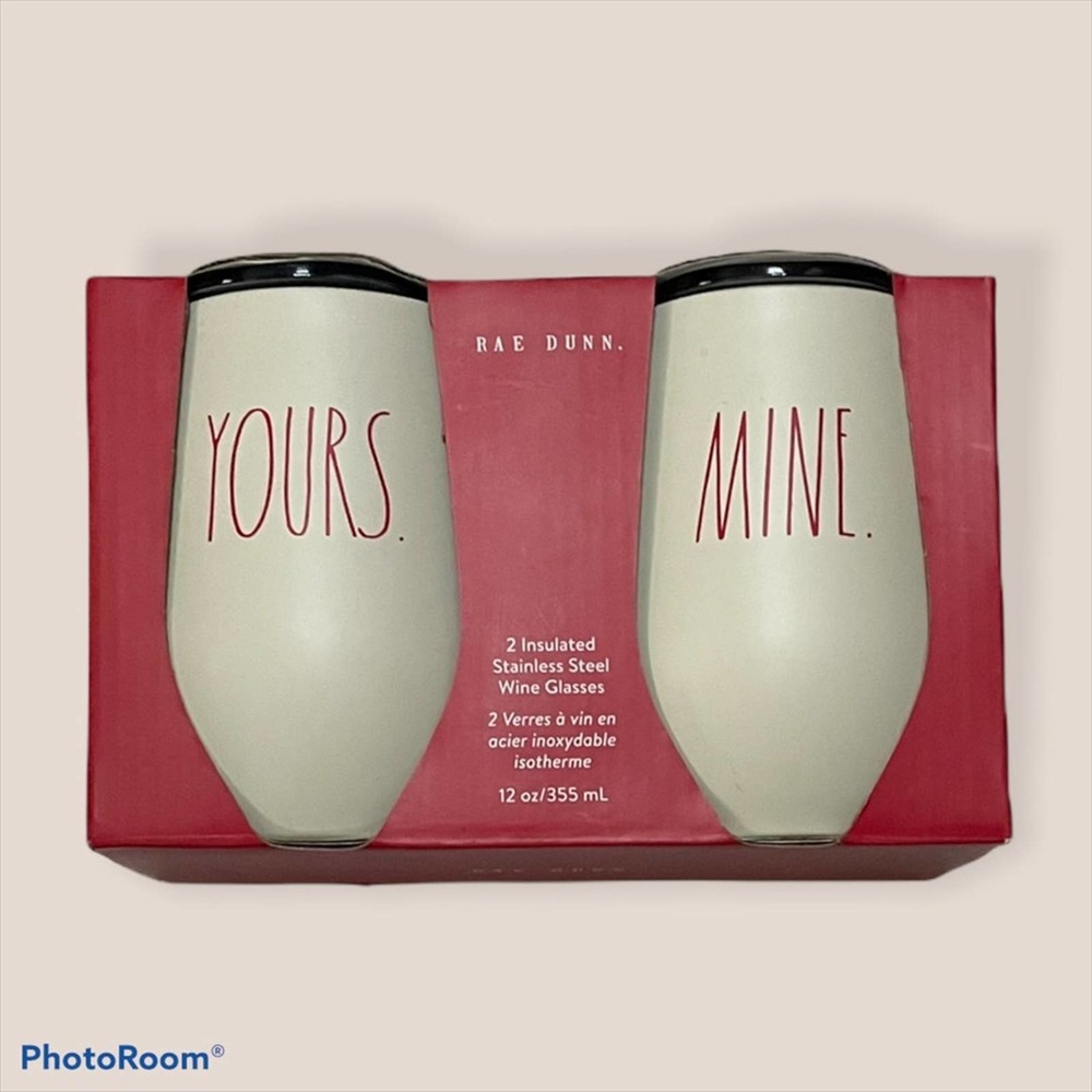 Rae Dunn Stainless Steel Mine & Yours White & Red Couples Wine/Beer Tumbler Set